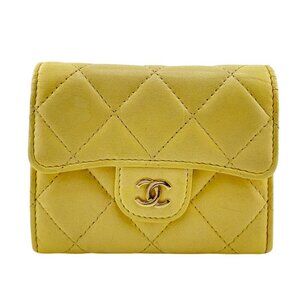 Chanel Compact Wallet Card Coin Case Yellow with Chain